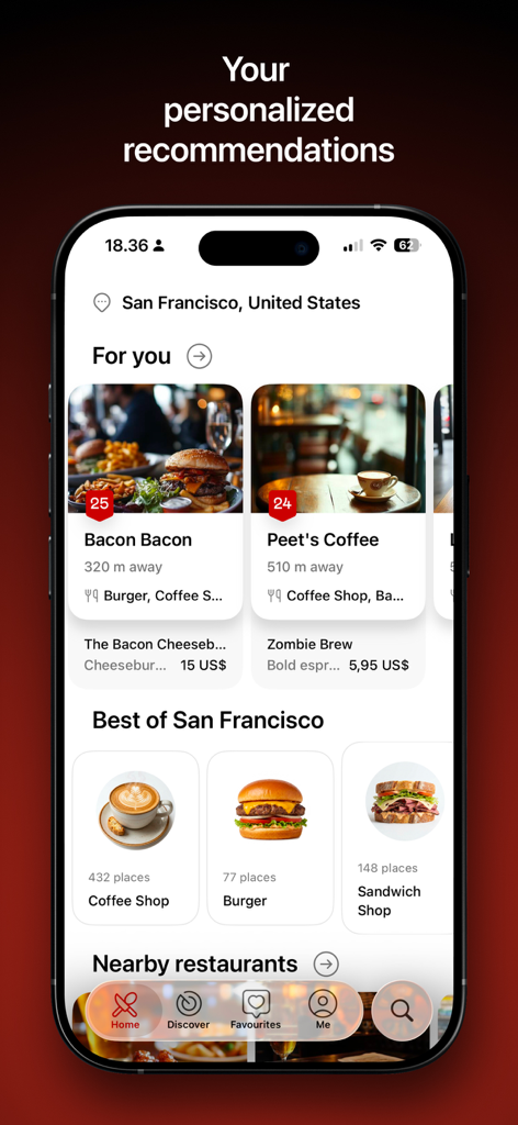 Vota-App-Oberfläche, die personalisierte Restaurantempfehlungen und Essenskategorien in San Francisco zeigt