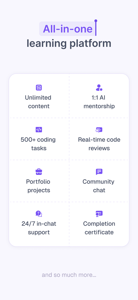 Kodree (Formerly Knowely) - Una descripción general de las características de la aplicación Kodree, que incluyen mentoría de IA, tareas de programación, proyectos de portafolio y certificados de finalización.