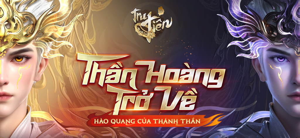 Tru Tiên 3D - Thanh Vân Chí - Bannière promotionnelle pour le jeu mobile Tru Tien 3D présentant deux personnages sur les thèmes doré et violet avec du texte vietnamien.