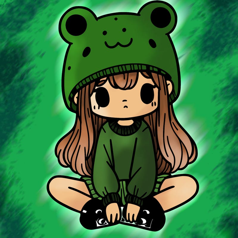 a girl wearing a frog hat and some frog socks