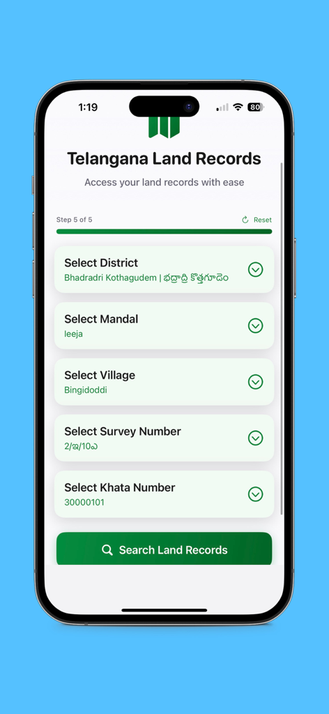 Search interface for Telangana land records showing dropdown menus for district mandal and village