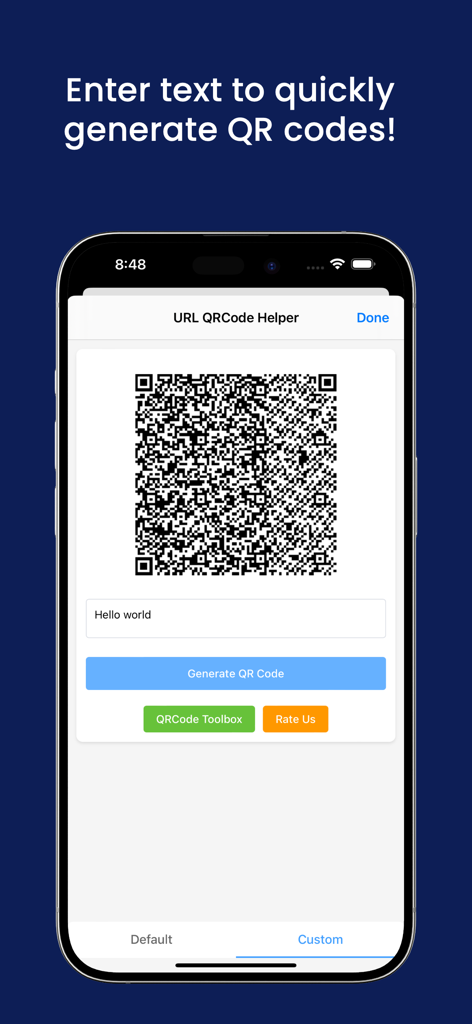 Smartphone screen showing a text input field used to generate a custom QR code
