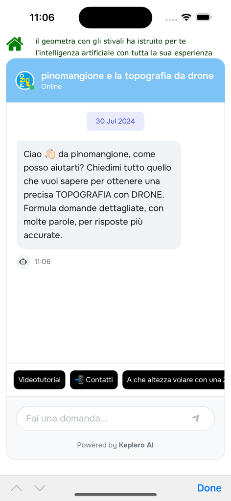Chat interface of the Mappe Catasto app featuring an AI assistant for drone topography consulting