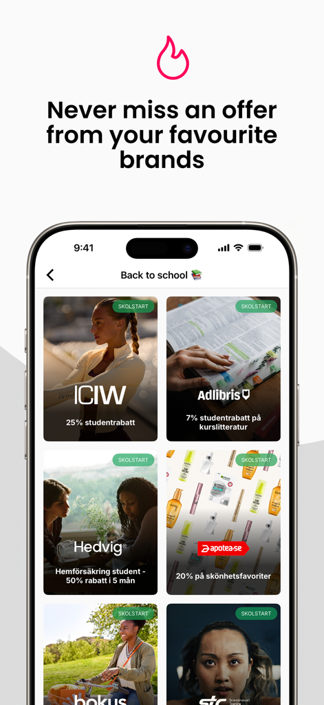 STUK - Mobile app screen showing student discounts for brands like ICIW and Adlibris under the Back to School section.