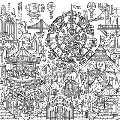 Step into a fantastical world where a vibrant steampunk carnival has overtaken ancient, decaying ruins. This intricate coloring page invites you to bring an industrial Victorian fantasy scene to life with your favorite colors.