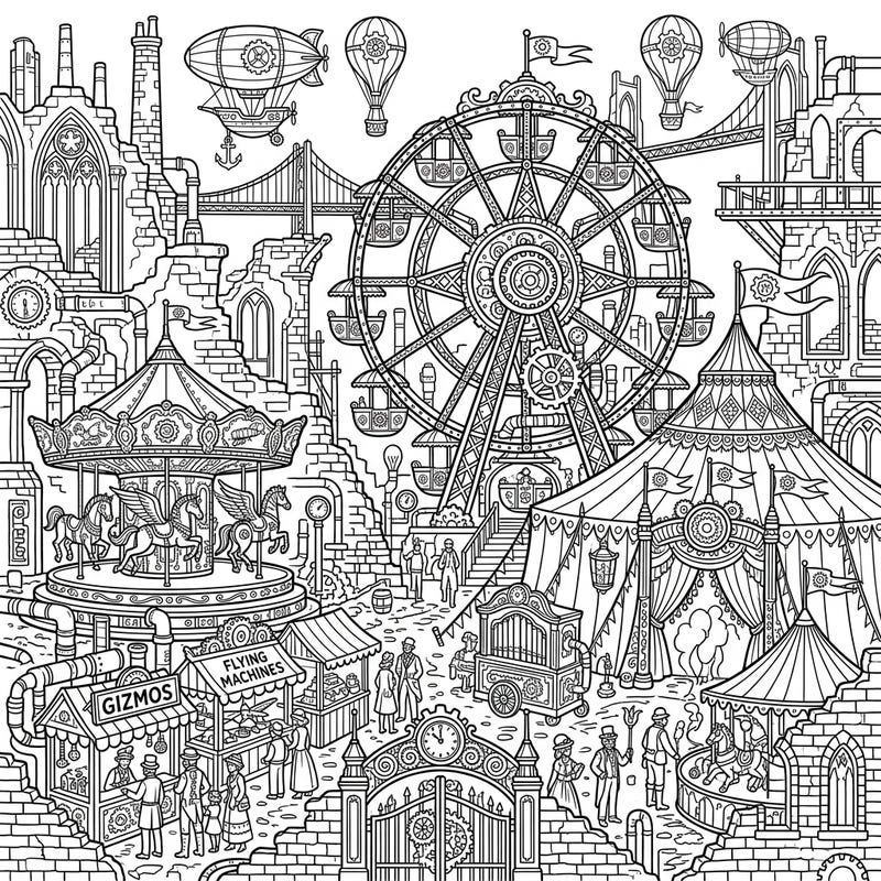 Step into a fantastical world where a vibrant steampunk carnival has overtaken ancient, decaying ruins. This intricate coloring page invites you to bring an industrial Victorian fantasy scene to life with your favorite colors.