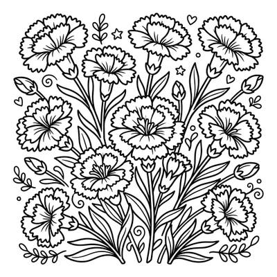 Discover a garden of delight with our miniature carnations coloring page, designed especially for kids aged 4-8. This charming floral scene offers balanced lines and engaging details for a blooming good time.