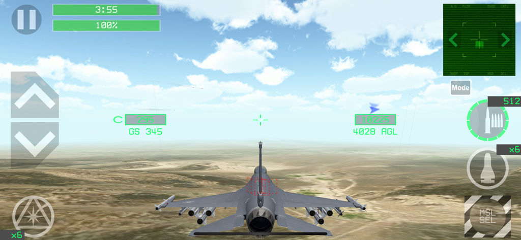 A modern jet fighter flying over a desert landscape with a heads-up display in the Strike Fighters game.
