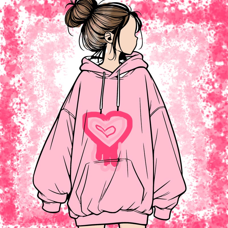 realistic girl with a oversized sweatshirt on and a bun