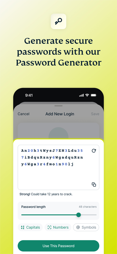 ExpressKeys: Password Manager - ExpressKeysモバイルアプリのインターフェース。セキュアな48文字のパスワードジェネレーターが表示されています。