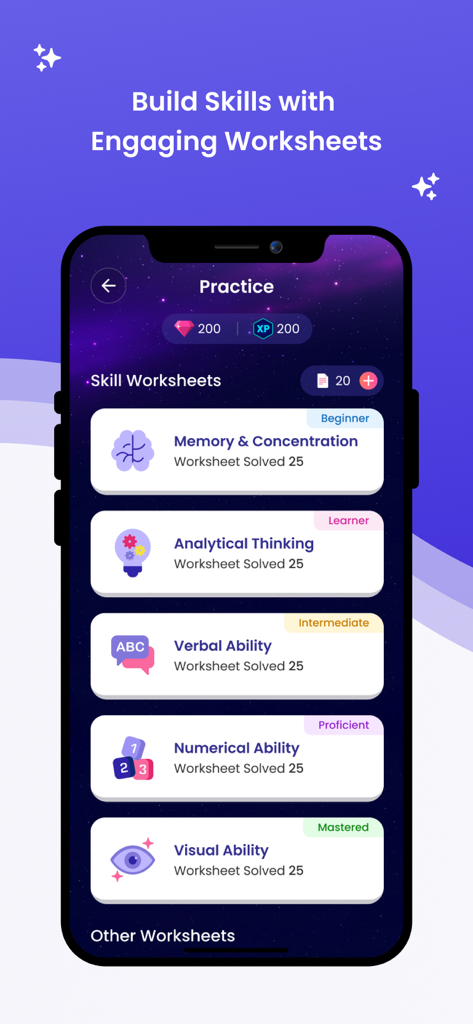 LogIQids mobile app interface showing various skill building worksheets for children