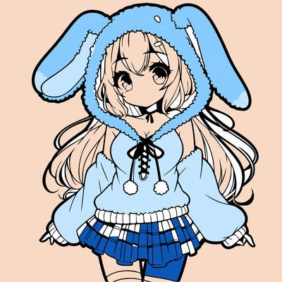 pretty anime girl wearing a fluffy hoodie with bunny ears on the hood and a skirt