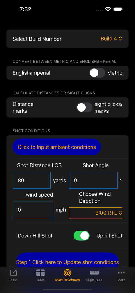 PRO Archery Ballistics - PRO Archery Ballisticsの射撃計算機画面。射撃条件の入力が表示されています。