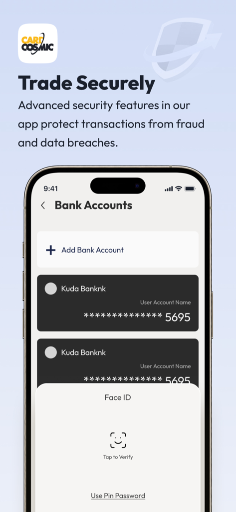 CardCosmic app interface showing secure bank account management and Face ID verification for safe transactions