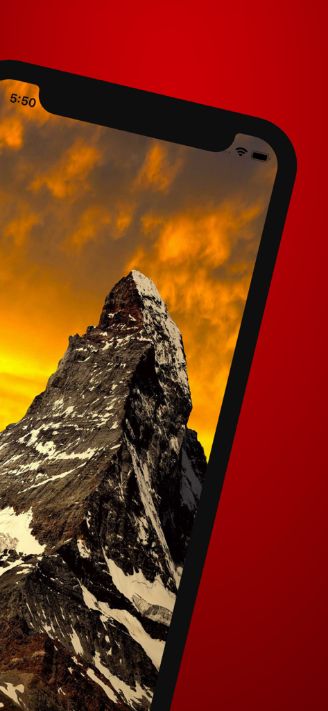 Smartphone screen displaying a scenic sunset over the Matterhorn mountain in Switzerland