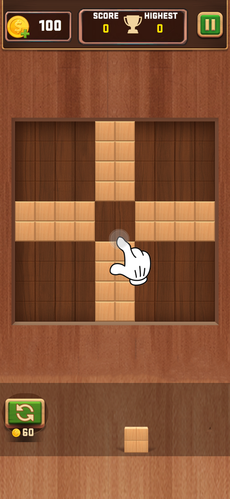 Wood Block Puzzle 3D - Jogabilidade do Quebra-cabeça 3D de Blocos de Madeira mostrando uma grade com blocos de madeira e um ícone de mão colocando uma peça