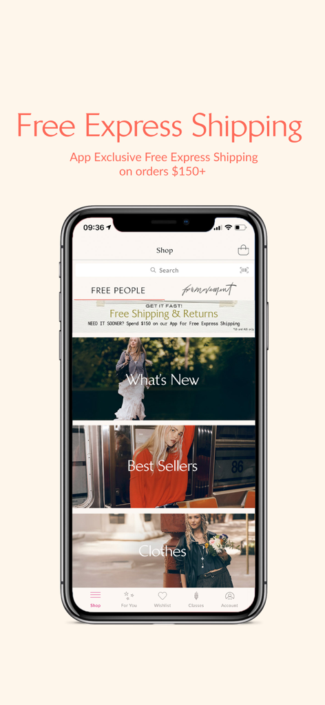 Free People - Free People Mobile App-Oberfläche mit exklusivem Expressversand und Bohemian-Modekategorien