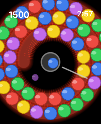 Crown Orbit - Uma captura de tela da jogabilidade do Crown Orbit no Apple Watch mostrando bolas coloridas em uma trilha espiral e um atirador central.