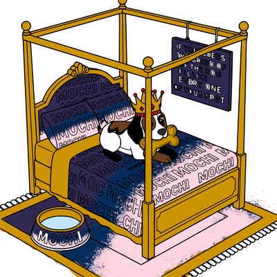a beagle with  a crown on her head with a toy in her mouth in a bed and the bed says mochi everywhere on the bed with a dog food bowl that says mochi and a sign that says if you guess the breed of the dog i'll like every one of your ppsts