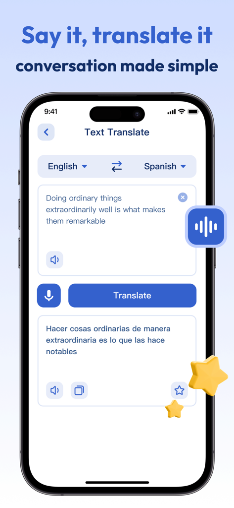 PrimeTranslate - Interfaz de la aplicación PrimeTranslate que muestra una traducción de texto del inglés al español en un teléfono inteligente