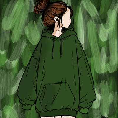 realistic girl with a oversized sweatshirt on and a bun