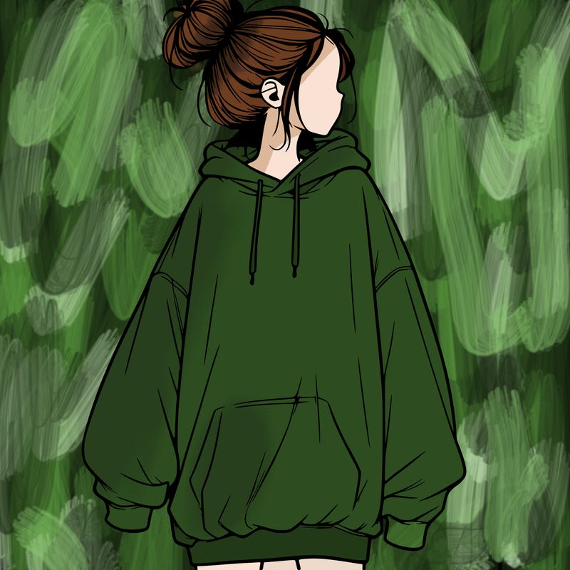 realistic girl with a oversized sweatshirt on and a bun