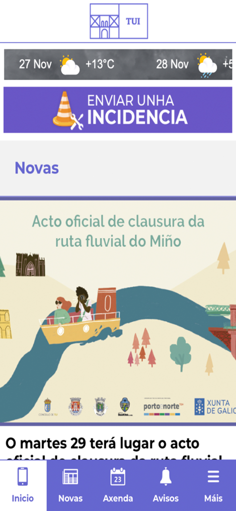 Tui - Schermata principale dell'app municipale ufficiale di Tui che mostra notizie meteo locali e un pulsante per segnalare incidenti