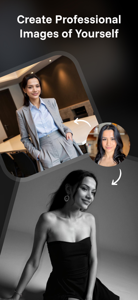 Interface of Lisa AI app showing a woman's face transformed into professional business and artistic black and white photos