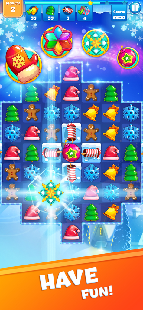 Gameplay screenshot of Christmas Sweeper 3 showing a match-3 puzzle board with festive holiday icons like Santa hats and gingerbread men.