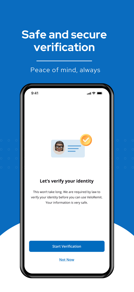 VeloRemit - VeloRemit mobile app screen showing the safe and secure identity verification process