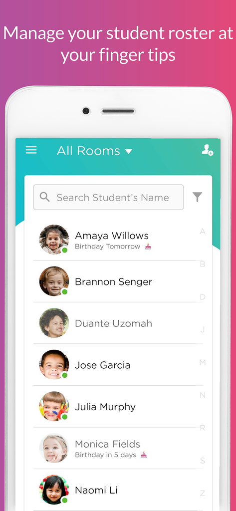A screenshot of the Procare childcare app showing a digital student roster with names and photos