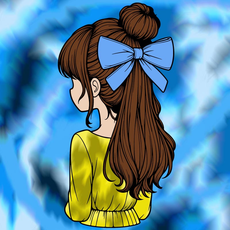 realistic girl  with hip length hair a bun and a big bow on the back of head