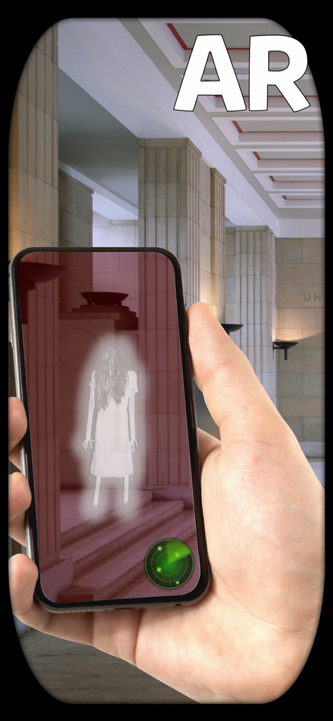 AR Ghosts Radar. Scan & Find - Smartphone screen displaying a ghostly figure in a hallway using augmented reality