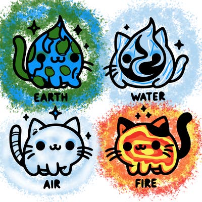 4 cats that represent the different elements, earth, water, air, and fire