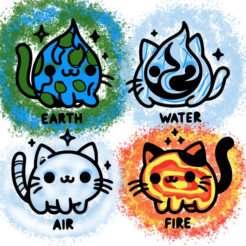 4 cats that represent the different elements, earth, water, air, and fire