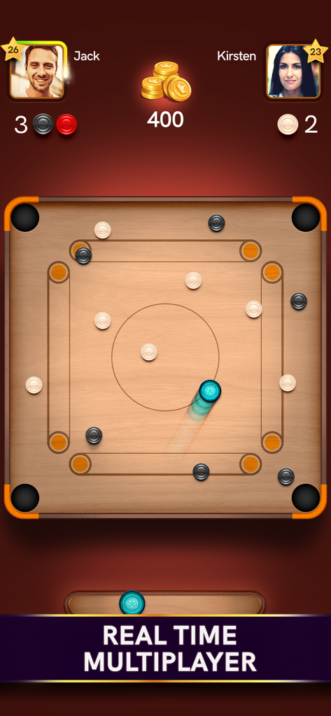Jogabilidade multijogador em tempo real de Carrom Pool Disc Game mostrando dois jogadores e um tabuleiro de carrom