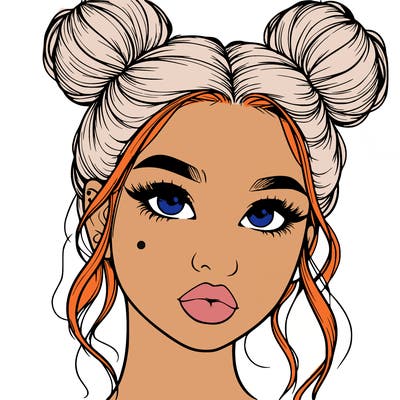 realistic girl with two buns on her hair and lips