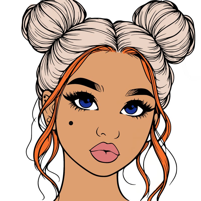 realistic girl with two buns on her hair and lips