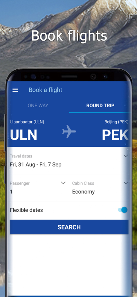 MIAT Mongolian Airlines mobile app interface for searching and booking flights