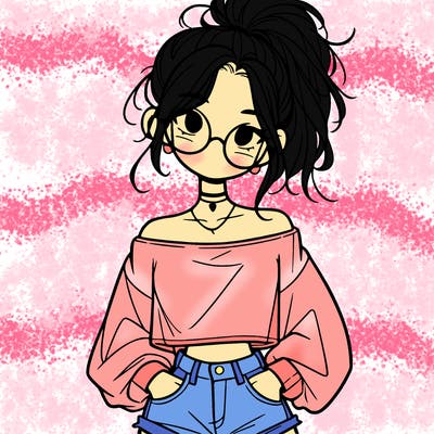 girl with a messy ponytail glasses a baggy crop top and jean shorts