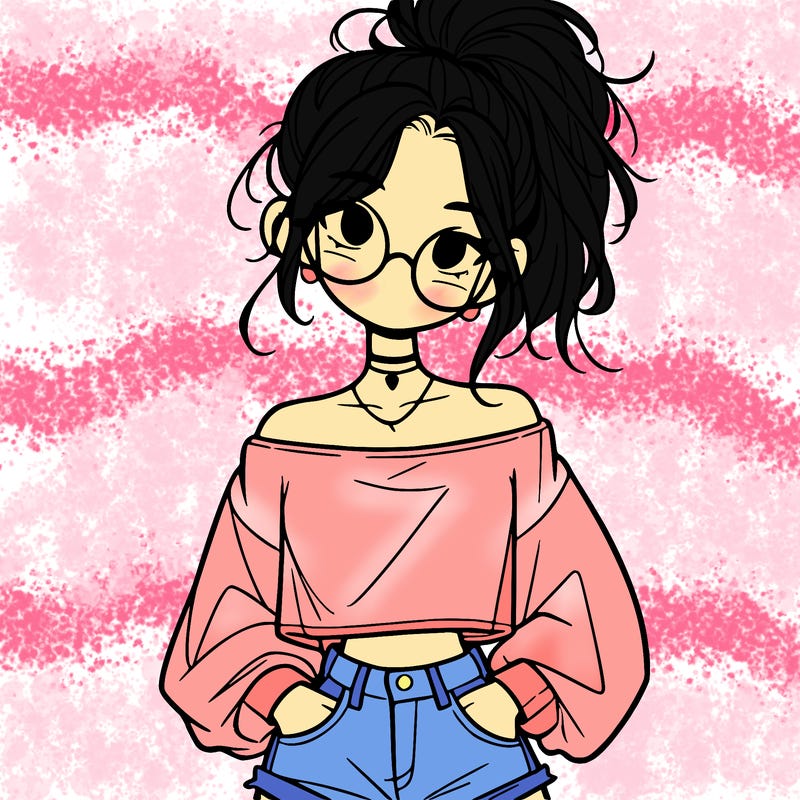 girl with a messy ponytail glasses a baggy crop top and jean shorts
