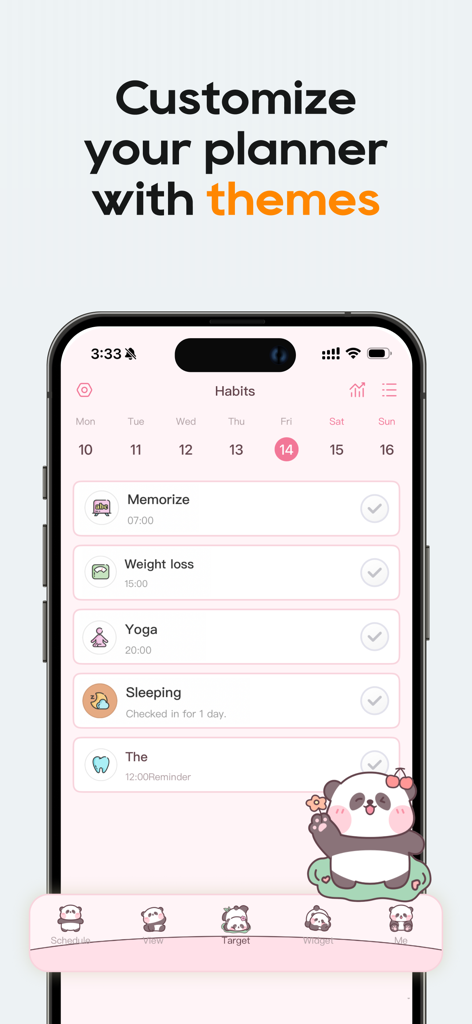 TimePlanner : Tasks & Habits - Interfaccia dell'app TimePlanner che mostra un tema rosa personalizzabile con un personaggio panda e una lista di abitudini.