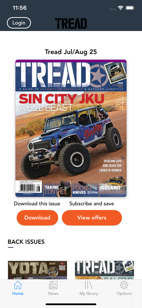 Pantalla de inicio de la aplicación Tread Magazine con la portada del último número y un jeep personalizado