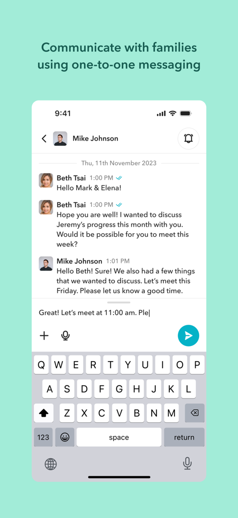 Toddle Educator - Interface of the Toddle Educator app showing a direct messaging conversation between a teacher and a parent