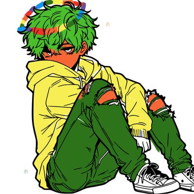 a male hoddie ripped jeans messy hair anime