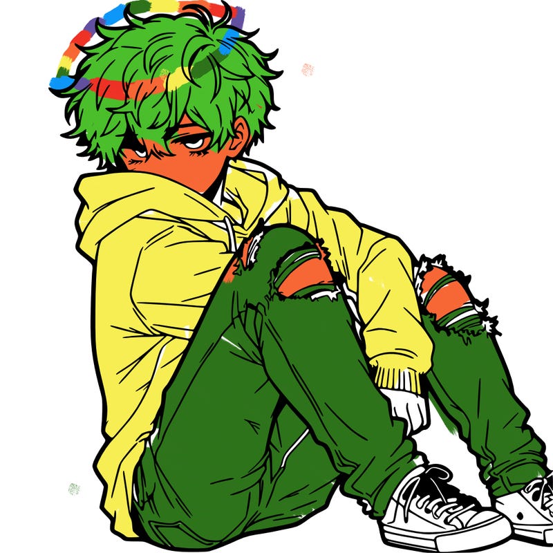 a male hoddie ripped jeans messy hair anime