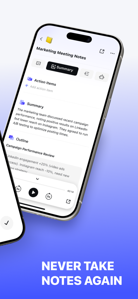 HiNoter - Al Note Taker - Aplicación móvil HiNoter mostrando un resumen generado por IA y elementos de acción para notas de reunión de marketing en un iPhone