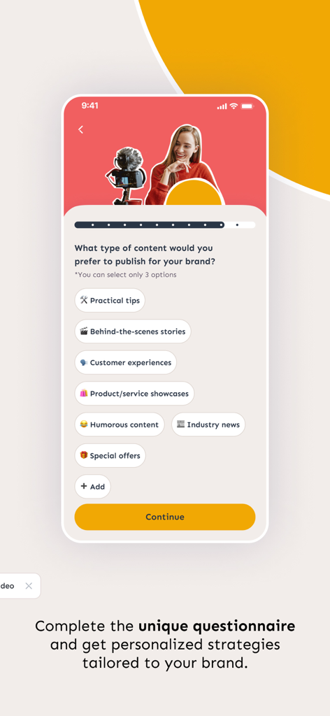Transform the Day - Transform the Day mobile app screen showing a business profiling questionnaire for social media content strategy.