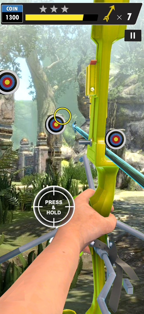 Archery Games : Bow and Arrow - First person view of aiming a green bow at targets in a 3D forest environment