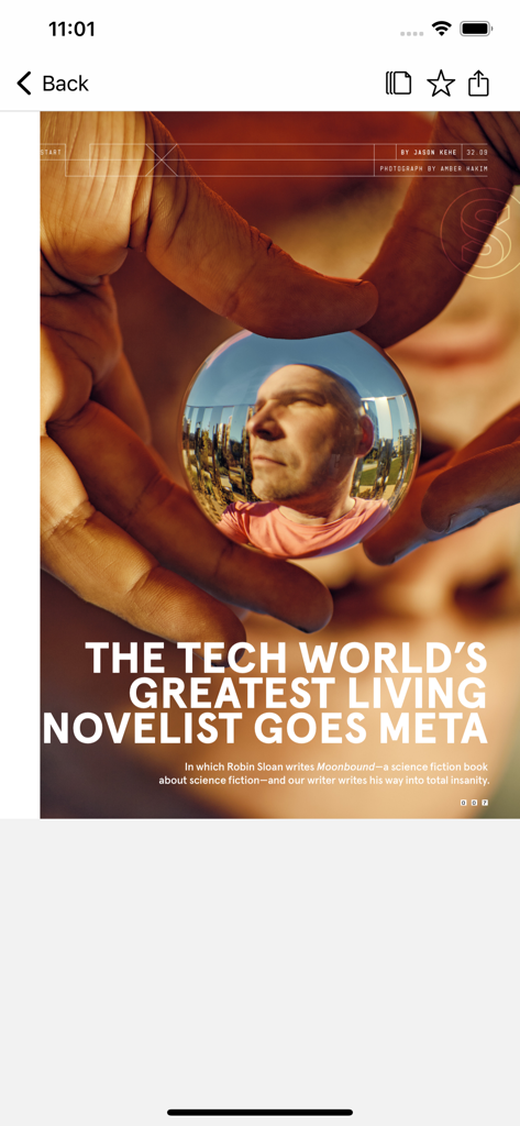 기술 소설가에 대한 WIRED 매거진 앱의 주요 기사 헤드라인.